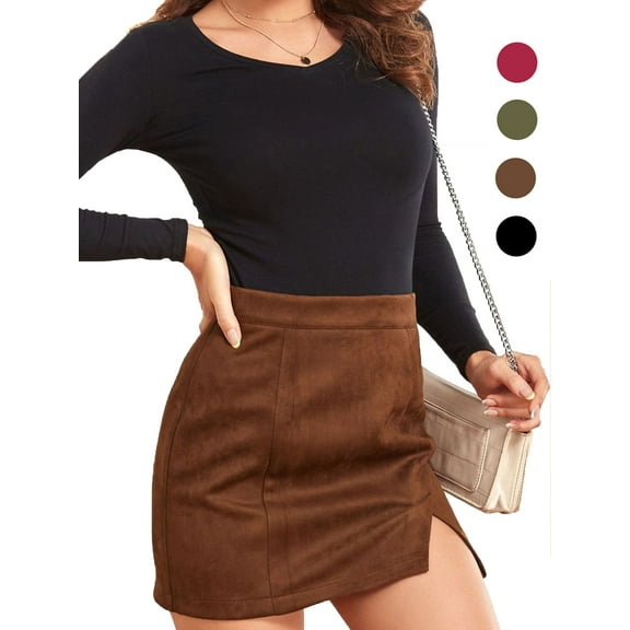 Gustave Women's High Waist Bodycon Mini Pencil Skirt Ladies Fashion Split A-Line Short Skirt Faux Suede Leather - Brown, S