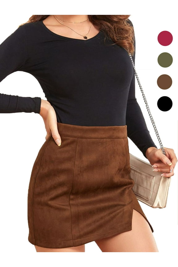 Women's High Waist Bodycon Mini Pencil Skirt Ladies Fashion Split A-Line Short Skirt Faux Suede Leather - Brown, S