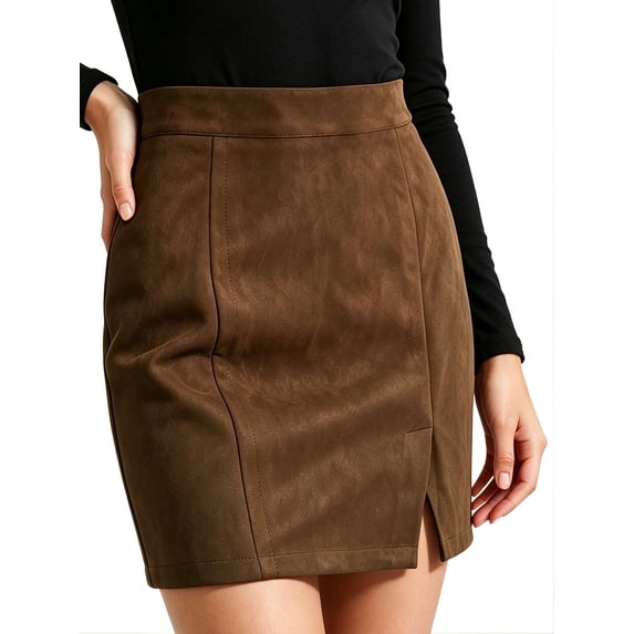 Gustave Women's High Waist Bodycon Mini Pencil Skirt Ladies Fashion Split A-Line Short Skirt Faux Suede Leather - Brown, S