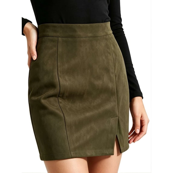 Gustave Women's High Waist Bodycon Mini Pencil Skirt Ladies Fashion Split A-Line Short Skirt Faux Suede Leather - Green, S