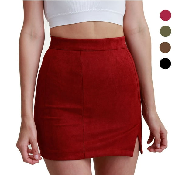 Gustave Women's High Waist Bodycon Mini Pencil Skirt Ladies Fashion Split A-Line Short Skirt Faux Suede Leather - Red, L