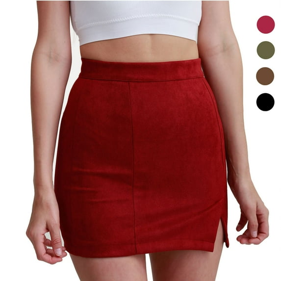 Gustave Women's High Waist Bodycon Mini Pencil Skirt Ladies Fashion Split A-Line Short Skirt Faux Suede Leather - Red, M