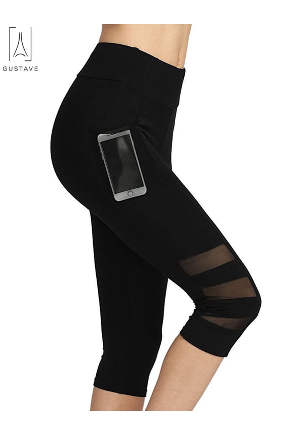 Women's High Waist Mesh Yoga Pants Capris Tummy Control Running Workout Leggings Athletic Capri Pants with Pockets "Black, S"