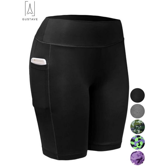 Gustave Women's High Waist Yoga Shorts with Pockets Quick-dry Running Athletic Workout Shorts Tummy Control Leggings Short Pants "Black, 2XL"
