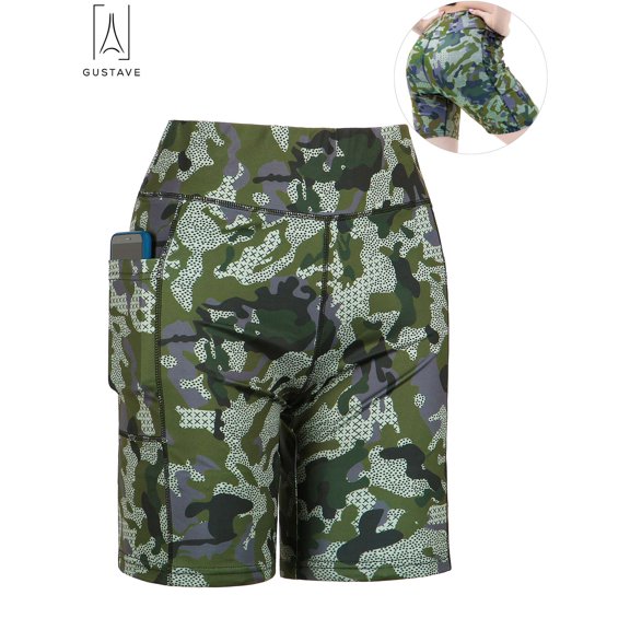 Gustave Women's High Waist Yoga Shorts with Pockets Quick-dry Running Athletic Workout Shorts Tummy Control Leggings Short Pants "Camouflage, M"