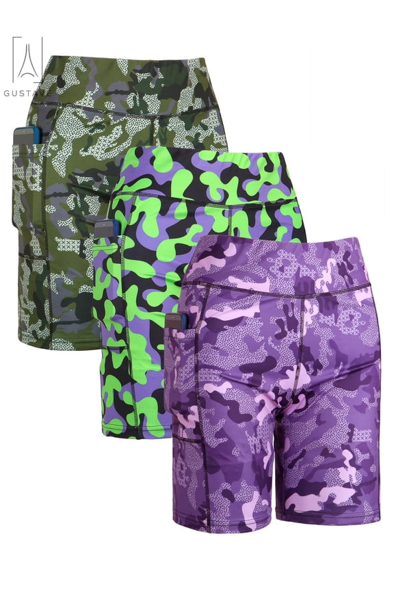 Women's High Waisted Yoga Shorts Workout Running Compression Exercise Shorts Camouflage Print Short Pants with Pockets for Gym Biker Cycling "XL, Purple"