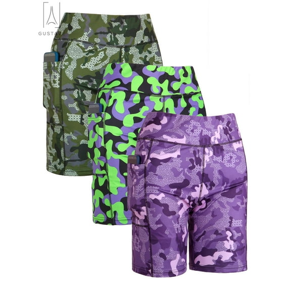 Gustave Women's High Waisted Yoga Shorts Workout Running Compression Exercise Shorts Camouflage Print Short Pants with Pockets for Gym Biker Cycling "L, Camouflage"