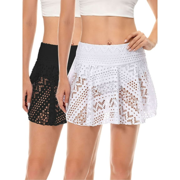Gustave Women's Lace Crochet Swim Skirt Swimsuit Skorts Bikini Bottoms Beach Elastic Waist A-Line Short Skirt Swimdress with Brief "Black, M"
