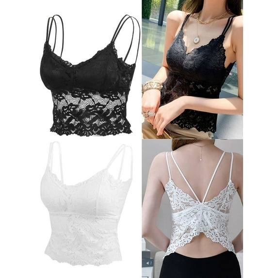 Gustave Women's Lace Padded Bralette Casual Lace Crochet Spaghetti Strap Cami Crop Top V Neck Camisole "L/XL,White"
