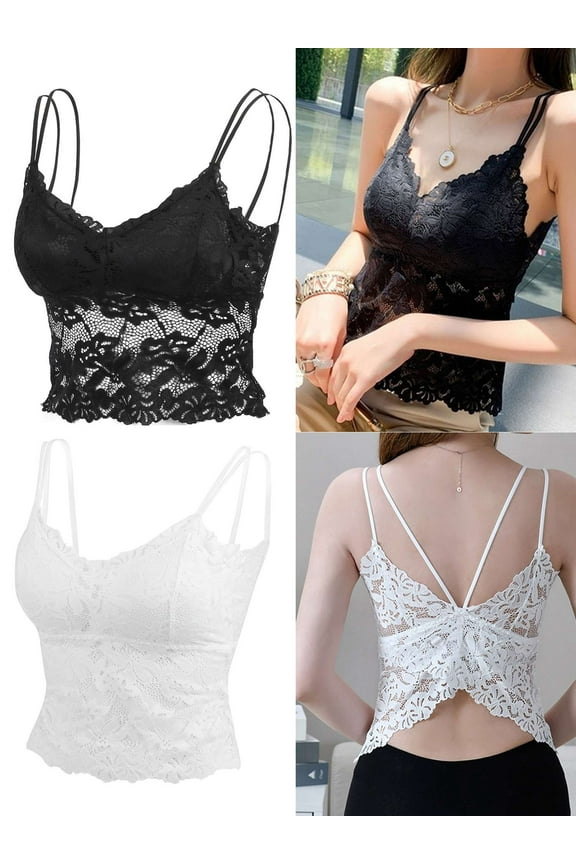 Women's Lace Padded Bralette Casual Lace Crochet Spaghetti Strap Cami Crop Top V Neck Camisole "L/XL,White"