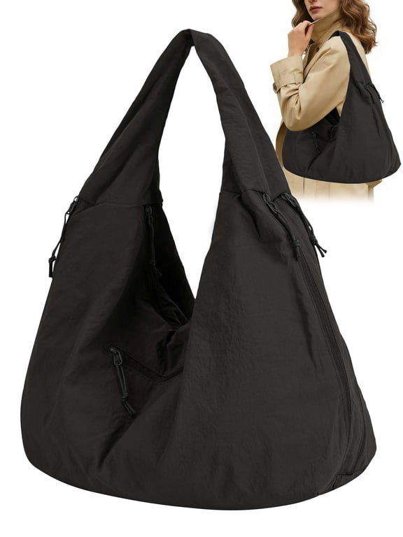 Women's Large Nylon Slouchy Hobo Bag Lightweight Soft Tote Bag Underarm Shoulder Handbag with Multiple Pockets for Casual Travel Daily Use - Black