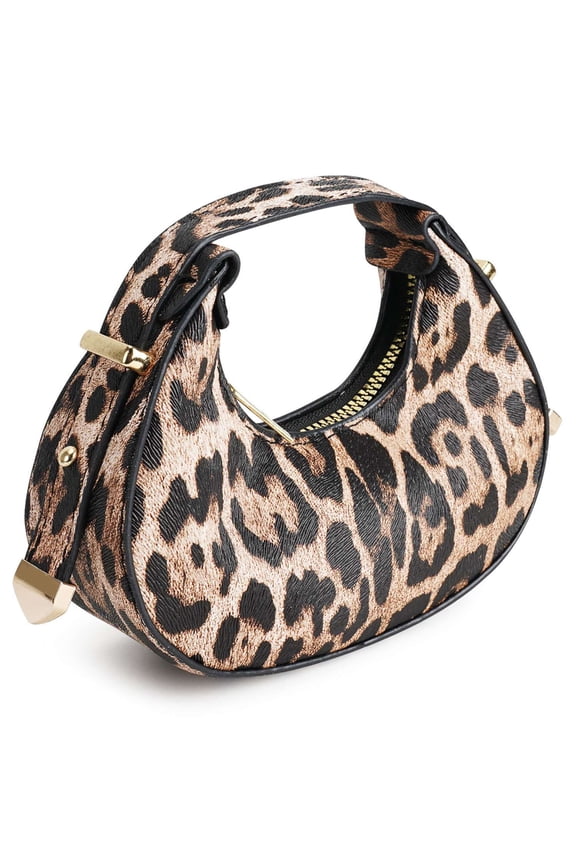 Women's Leopard Handbag Small Clutch Purse Evening Bags PU Leather Trendy Crescent Top Handle Mini Bag for Cocktail Party Wedding Prom, Khaki