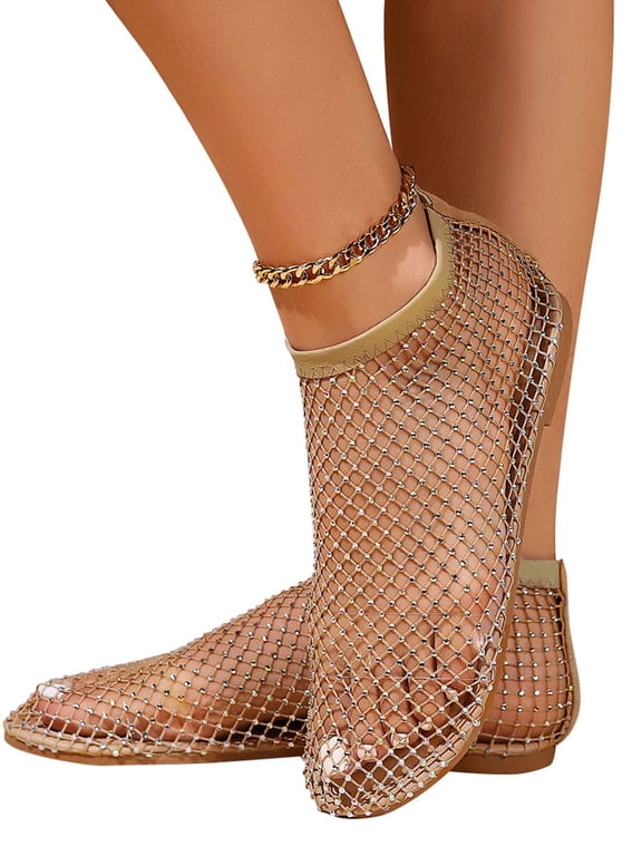Women's Mesh Ballet Flats Comfortable Shiny Rhinestone Fishnet Sandals Low Heel Summer Causal Slip-on Flat Shoes - Gold