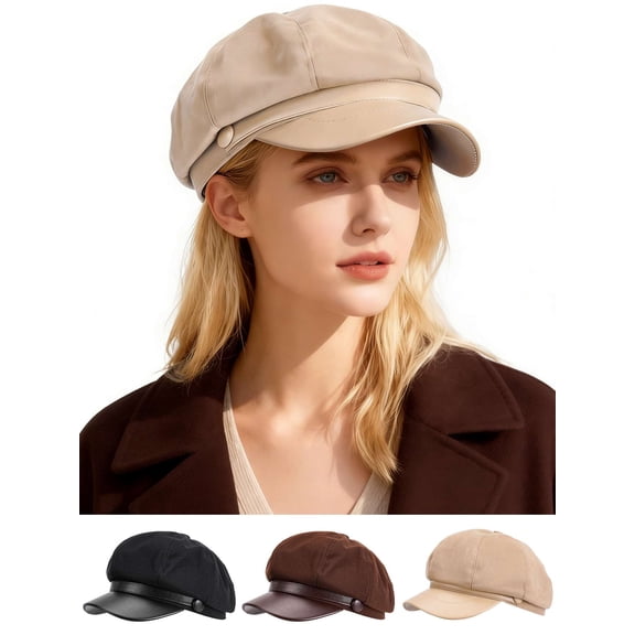 Gustave Women's Newsboy Hats PU Leather Visor Beret Hats Vintage 8 Panels Cabbie Gatsby Bakerboy Hat Octagonal Cap for Women Men