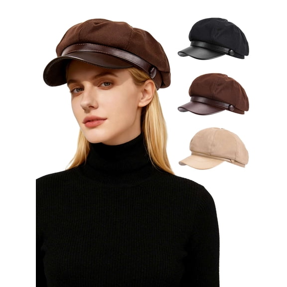 Gustave Women's Newsboy Hats PU Leather Visor Beret Hats Vintage 8 Panels Cabbie Gatsby Bakerboy Hat Octagonal Cap for Women Men