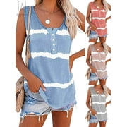 Gustave Women's Plus Size Tie Dye Vest Summer Sleeveless Color Block T Shirts Loose Blouse Button Up Tank Tops "Blue, 3XL"