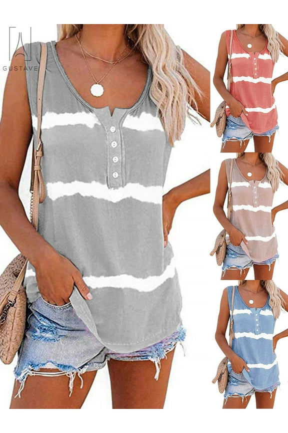 Women's Plus Size Tie Dye Vest Summer Sleeveless Color Block T Shirts Loose Blouse Button Up Tank Tops "Gray, 3XL"