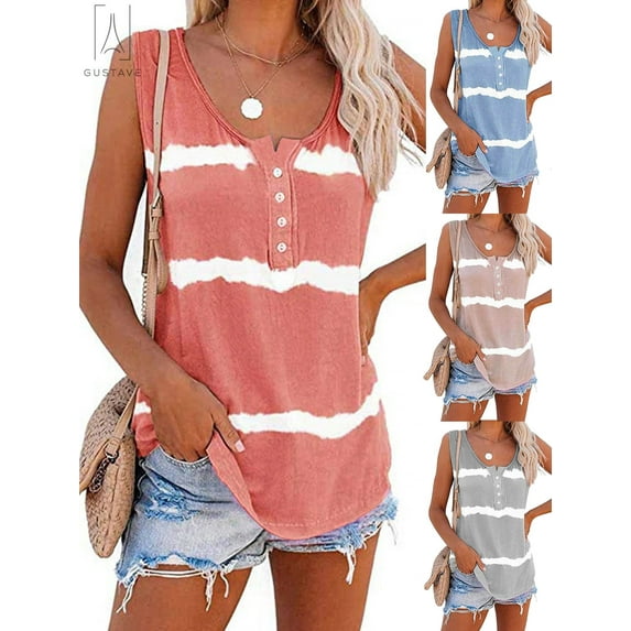 Gustave Women's Plus Size Tie Dye Vest Summer Sleeveless Color Block T Shirts Loose Blouse Button Up Tank Tops "Orange, 3XL"