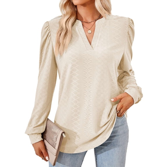 Gustave Women's Puff Long Sleeve Tops Fall Casual Dressy V Neck T-Shirts Loose Tunic Blouse Pleated Solid Work Pullover Shirts "Beige, M"