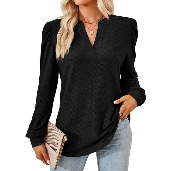 Gustave Women's Puff Long Sleeve Tops Fall Casual Dressy V Neck T-Shirts Loose Tunic Blouse Pleated Solid Work Pullover Shirts "Black, L"