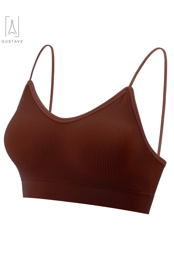 Women's Seamless Cami Bra V Neck Padded Bralette Spaghetti Strap Pullover Style Bras Tank Top Wire Free "XL, Caramel"