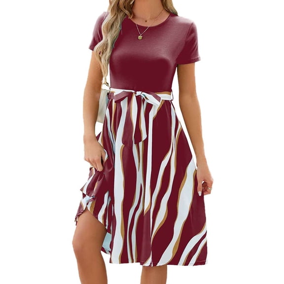 Gustave Women's Short Sleeve Summer Dress Casual A Line Belted Wedding Guest Dresses Striped Patchwork Flowy Midi Sundresses "Red, 2XL"