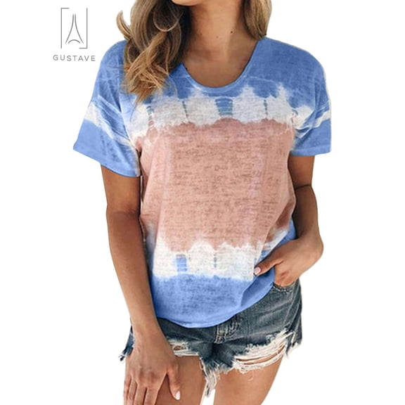 Gustave Women's Short Sleeve Tie Dye T-Shirts Summer Loose Casual Crew Neck Tops Ladies Printed Plus Size Tee Shirts Blouse "Blue, M"