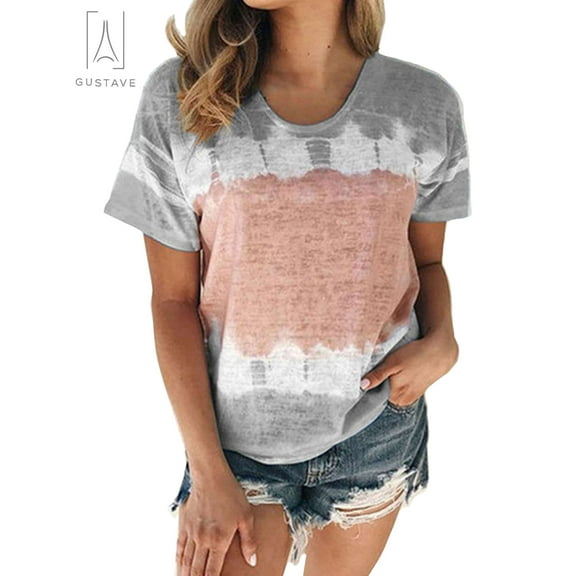 Gustave Women's Short Sleeve Tie Dye T-Shirts Summer Loose Casual Crew Neck Tops Ladies Printed Plus Size Tee Shirts Blouse "Gray, M"