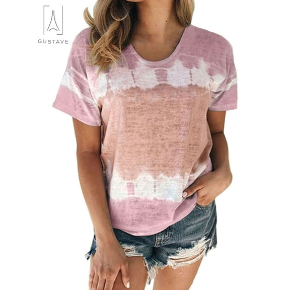 Gustave Women's Short Sleeve Tie Dye T-Shirts Summer Loose Casual Crew Neck Tops Ladies Printed Plus Size Tee Shirts Blouse "Pink, 3XL"