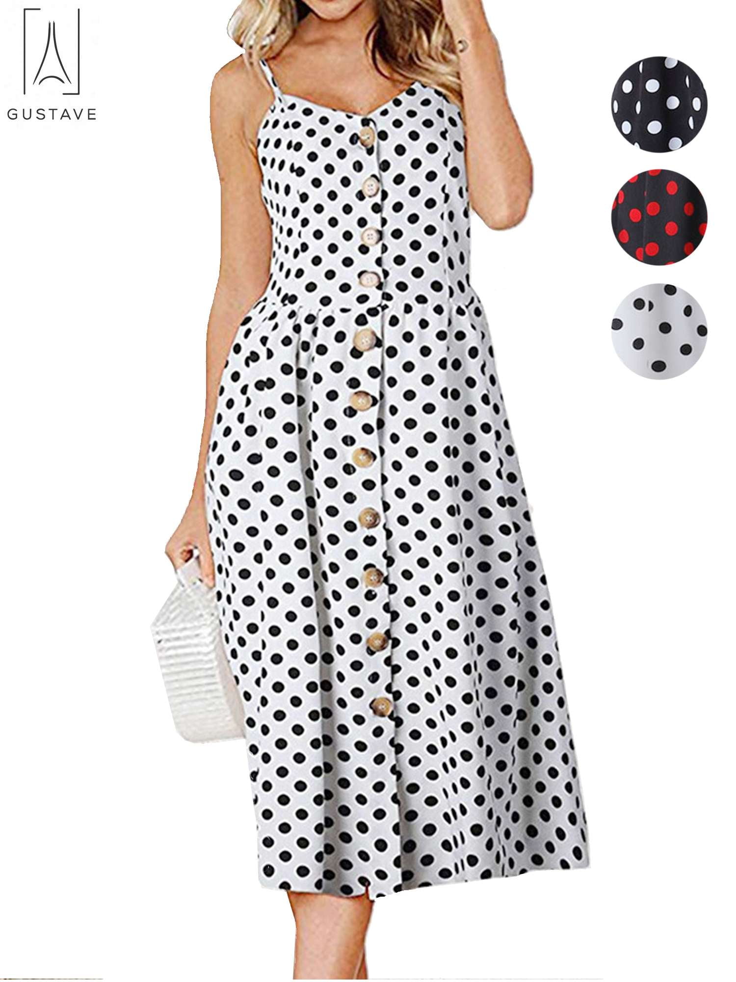 CakCton Women's Summer Midi Dress - Spaghetti Strap Swing Sundress With V Neck & Buttons, Beach Casual Dress - View #2