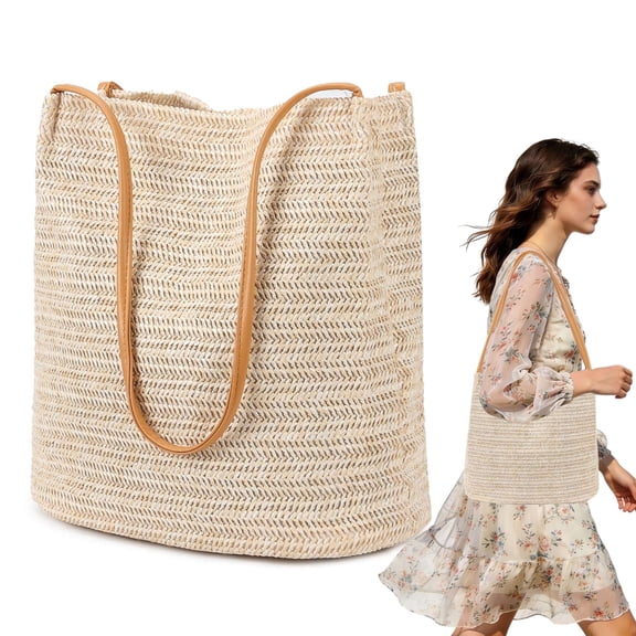 Gustave Women's Straw Woven Beach Bag Large Capacity Boho Shoulder Tote Bag Summer Bucket Handbag Purses for Casual, Travel, Shopping (Light Beige)