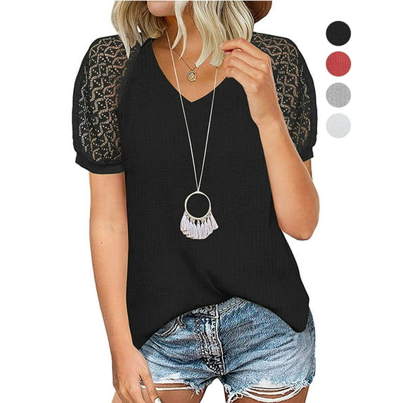 Gustave Women's Summer Short Sleeve V Neck T-Shirts Lace Splicing Waffle Knit Tops Casual Loose Hollow Out Blouse Tee Shirt "Black, XL"