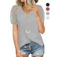 thumbnail image 1 of Gustave Women's Summer Short Sleeve V Neck T-Shirts Lace Splicing Waffle Knit Tops Casual Loose Hollow Out Blouse Tee Shirt "Gray, XL", 1 of 5