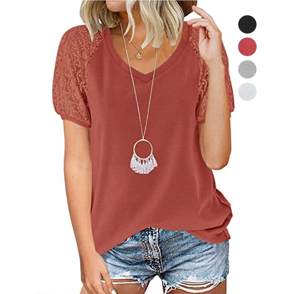 Gustave Women's Summer Short Sleeve V Neck T-Shirts Lace Splicing Waffle Knit Tops Casual Loose Hollow Out Blouse Tee Shirt "Red, L"