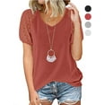 thumbnail image 1 of Gustave Women's Summer Short Sleeve V Neck T-Shirts Lace Splicing Waffle Knit Tops Casual Loose Hollow Out Blouse Tee Shirt "Red, M", 1 of 6