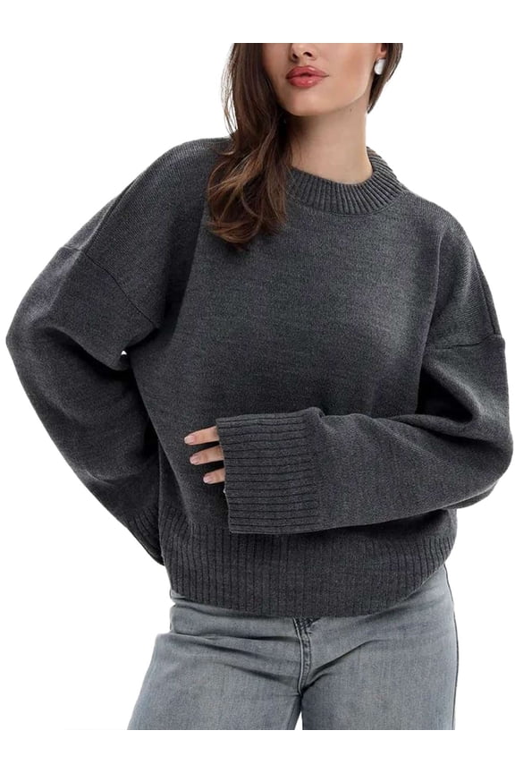 Women's Sweaters Knit Pullover Causal Trendy Batwing Long Sleeve Crew Neck Slouchy Oversized Sweater Jumper Tops Shirts for Fall Winter - Gray, S