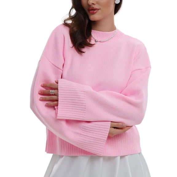 Gustave Women's Sweaters Knit Pullover Causal Trendy Batwing Long Sleeve Crew Neck Slouchy Oversized Sweater Jumper Tops Shirts for Fall Winter - Pink, L