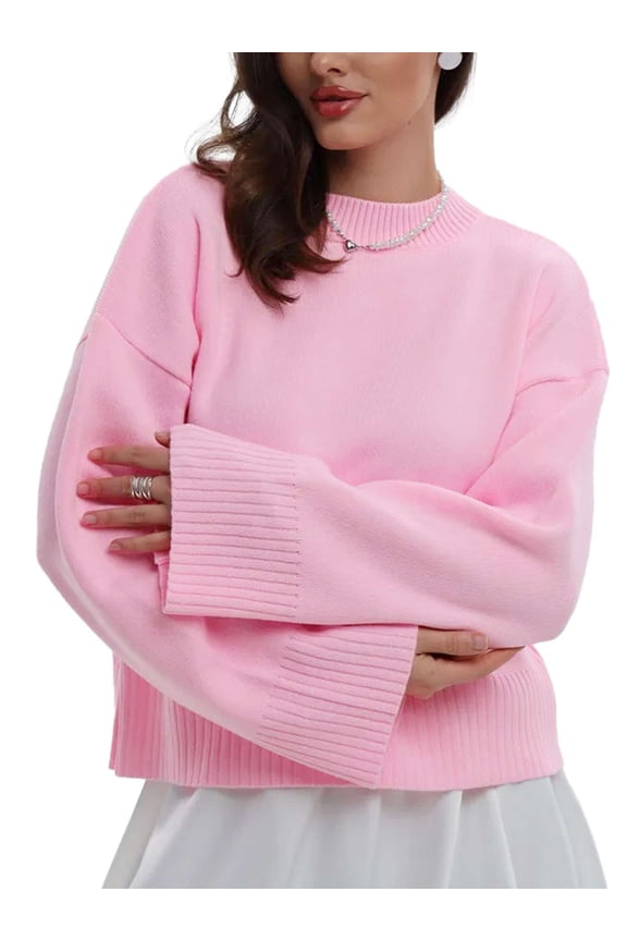 Women's Sweaters Knit Pullover Causal Trendy Batwing Long Sleeve Crew Neck Slouchy Oversized Sweater Jumper Tops Shirts for Fall Winter - Pink, M