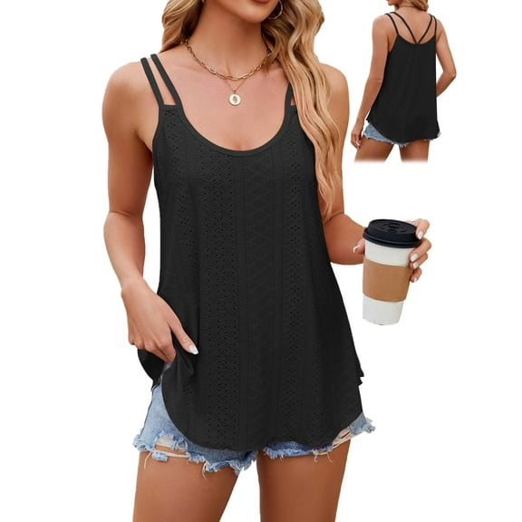 Gustave Women's Tank Tops Eyelet Embroidery Spaghetti Strap Shirts Scoop Neck Sleeveless T-Shirt Summer Casual Flowy Cami Blouse Loose Fit "Black, M"