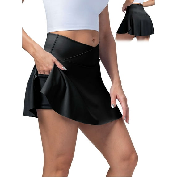 Gustave Women's Tennis Skirt with Shorts Pocket Crossover High Waisted Quick Dry Athletic Skorts Skirts Casual Pleated Golf Skirts for Workout Running Pickleball - Black, S
