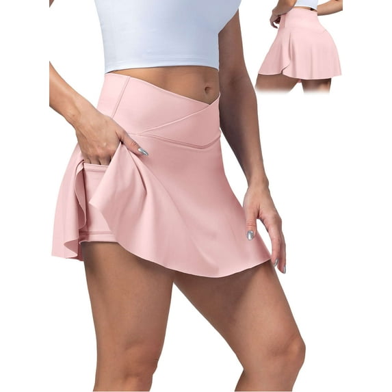 Gustave Women's Tennis Skirt with Shorts Pocket Crossover High Waisted Quick Dry Athletic Skorts Skirts Casual Pleated Golf Skirts for Workout Running Pickleball - Pink, XL
