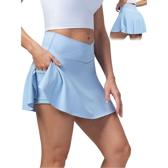 Gustave Women's Tennis Skirt with Shorts Pocket Crossover High Waisted Quick Dry Athletic Skorts Skirts Casual Pleated Golf Skirts for Workout Running Pickleball - Blue, L