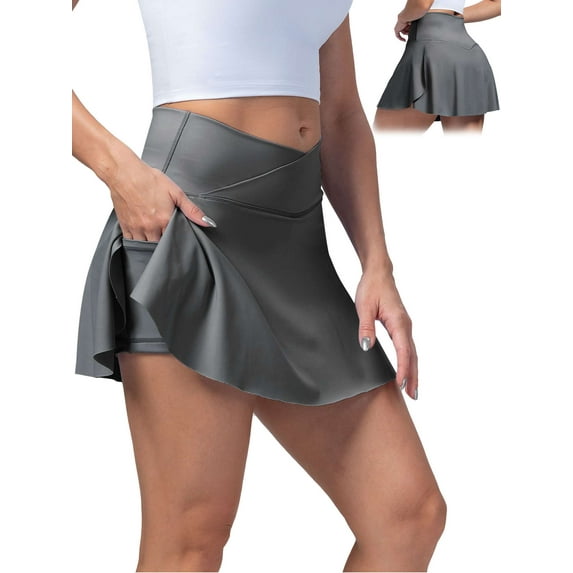 Gustave Women's Tennis Skirt with Shorts Pocket Crossover High Waisted Quick Dry Athletic Skorts Skirts Casual Pleated Golf Skirts for Workout Running Pickleball - Gray, XL