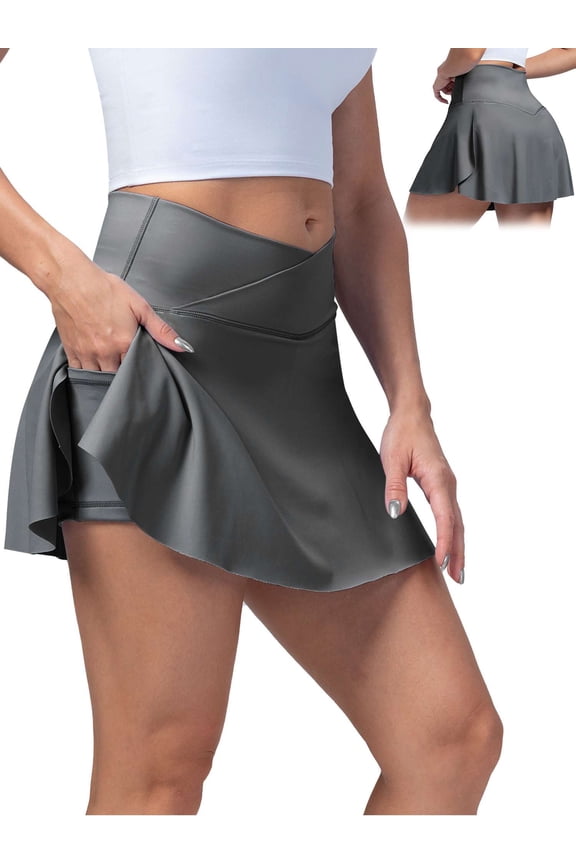Women's Tennis Skirt with Shorts Pocket Crossover High Waisted Quick Dry Athletic Skorts Skirts Casual Pleated Golf Skirts for Workout Running Pickleball - Gray, M