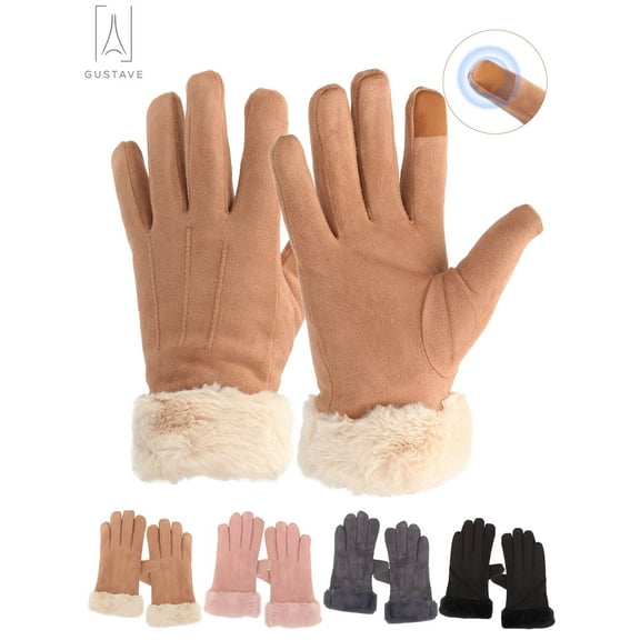 Gustave Women's Thermal Warm Winter Gloves Touchscreen Soft Fleece Lining Gloves Chamois Suede Outdoor Driving Ski Mittens, Khaki