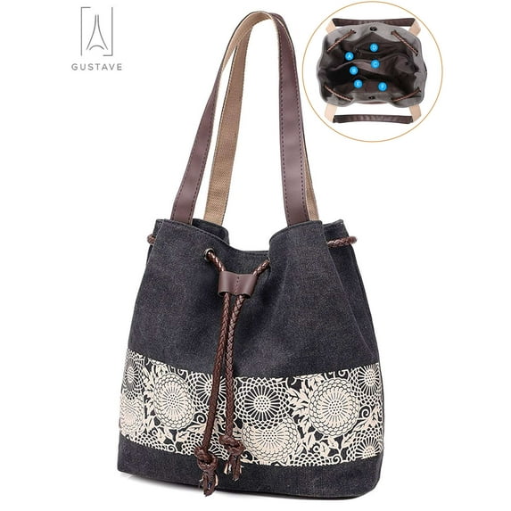 Gustave Women's Tote Bags Multi-pocket Canvas Shoulder Bag Handbag Fashion Ladies Purses Satchel Messenger Bags (Black)