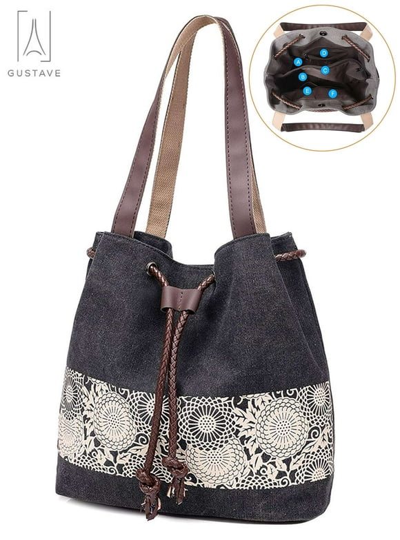 Gustave Women's Tote Bags Multi-pocket Canvas Shoulder Bag Handbag Fashion Ladies Purses Satchel Messenger Bags (Black)