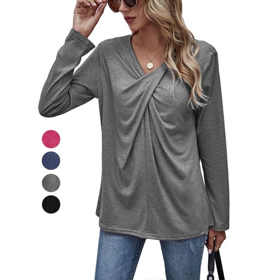 Gustave Women's V Neck Long Sleeve T-Shirts Fashion Cross Wrap Tops Solid Casual Loose Tunic Blouse Tee for Fall Winter "Gray, M"