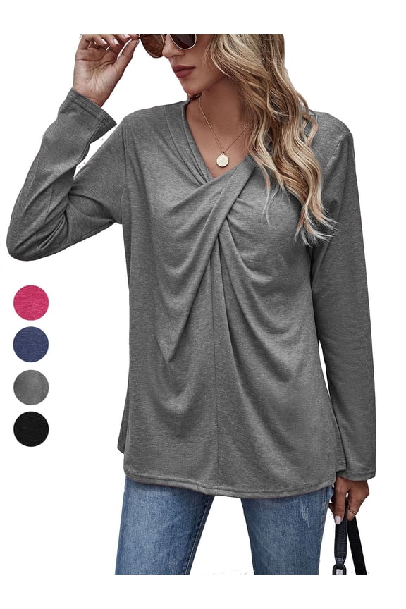 Women's V Neck Long Sleeve T-Shirts Fashion Cross Wrap Tops Solid Casual Loose Tunic Blouse Tee for Fall Winter "Gray, M"