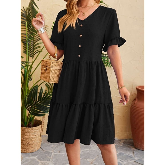 Gustave V Neck Short Sleeve Summer Dress for Women Ruffle Swiss Dot Mini Dresses Casual Boho A Line Flowy Sundress for Wedding Guest Christmas Party "Black, 2XL"